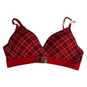 Victorias Secret Red Plaid Lightly Lined Wireless Bra Rhinestone Logo 36B NEW